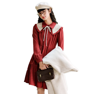 紫涵撞色披肩连衣裙女秋冬新款复古休闲风高腰衬衫式A子中长裙子