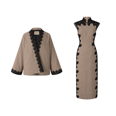 无艳一禾 【素云栖】新中式羊毛呢料撞色花边旗袍连衣裙+羽绒服