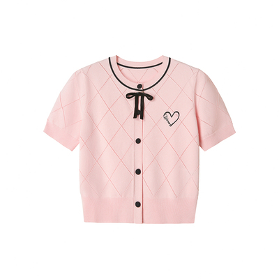 Uena粉色爱心刺绣镂空毛针织开衫