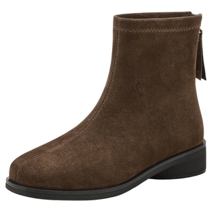 星期六复古绒面短靴女2025秋季新款中筒瘦瘦靴黑色英伦风切尔西靴