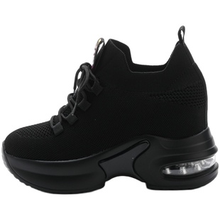 黑色运动鞋子女小个子女鞋厚底百搭内增高透气广场舞帆布鞋10cm