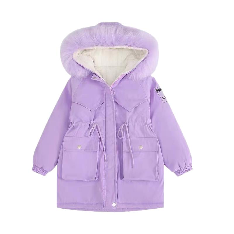 女童冬季加厚外套小女孩连帽派克服中大童时尚洋气毛领中长款棉衣