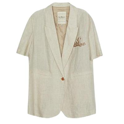 谜底西装外套短袖女春季新款亚麻透气宽松绣花西服241MW0142