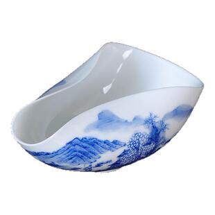 手绘青花山水茶则白瓷纯手工茶荷取茶醒茶器茶铲茶匙茶道零配件