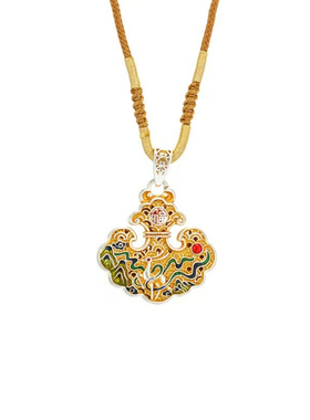 纯银珐琅彩描金千里江山仙鹿项链