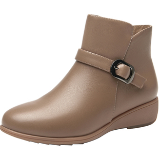 【头层牛皮】黑色短靴女真皮内增高坡跟及踝靴新款秋冬妈妈靴子