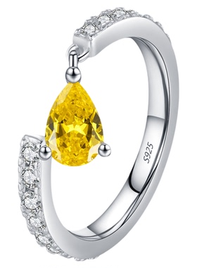 雅影黄钻水滴S925纯银戒指女