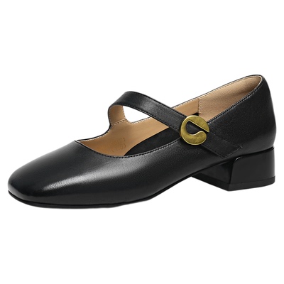 红蜻蜓玛丽珍单鞋女2025秋季新款女鞋粗跟黑色皮鞋超软羊皮高跟鞋