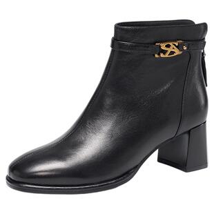 星期六时装靴2025年冬季后拉链式绒里舒适方根时尚短靴SSD4116181