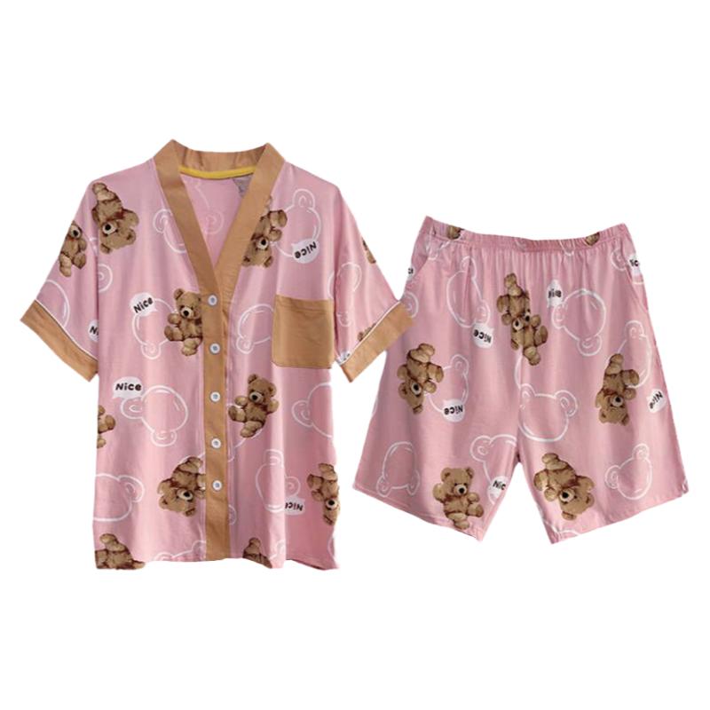 女针织棉V领开衫家居服睡衣