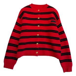 贸易公司单 高克重羊毛羊绒混纺 miu撞色条纹厚款针织开衫毛衣女