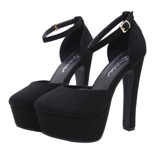 粗跟超高跟鞋14CM夜店性感防水台松糕厚底绒面防滑一字扣带女鞋潮