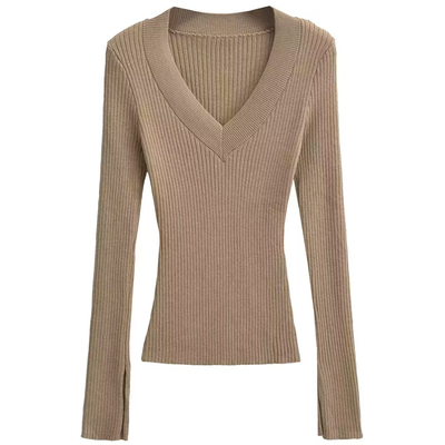 大V领柔软修身袖口开叉针织毛衣