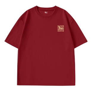 班尼路S&K重磅圆领打底衫男士春季枣红色金马贺岁纯棉短袖t恤男A