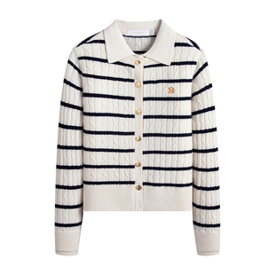 [纯羊毛]Navigare意大利小帆船假两件针织开衫外套女休闲条纹毛衣