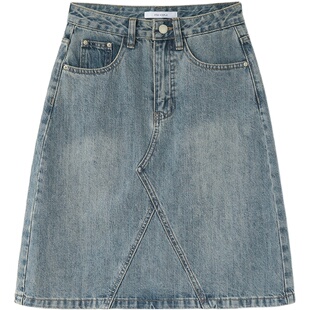 花吉Q392蓝色高腰复古牛仔A字半身裙2025年新款夏短款牛仔裙短裙