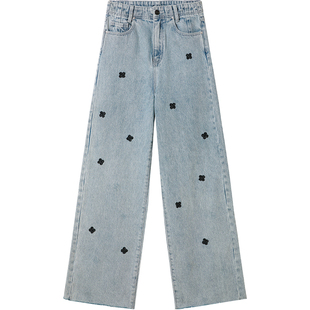 HERLIAN 春夏新款 花片钉珠阔腿宽松牛仔裤