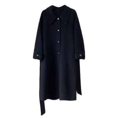 好在 卢浮宫暮色 小个子进口骆驼绒尖领双面呢古董扣系带黑金大衣