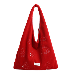 飞鸟刺绣托特包女大容量百搭单肩手提包通勤文艺红色毛呢包腋下包