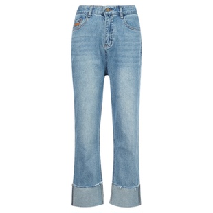 DTLANDO秋季款女装时尚百搭显瘦浅蓝色直筒翻边牛仔裤