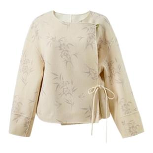 三彩【竹影流光】2025冬季新款绵羊毛印花双面呢大衣短款宽松C