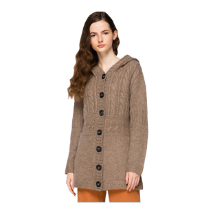 圣雪绒100%山羊绒女连帽复古阿兰绞花手编针织大衣