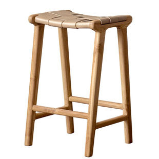 印尼原装进口实木岛台凳家用高脚餐椅北欧酒店网红民宿真皮吧台凳