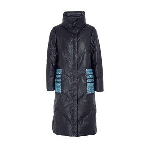 马天奴秋冬黑色翻领提花中式羽绒服长款加厚保暖外套时尚休闲百搭