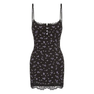 今夕何夕性感睡衣女士秋季新款法式纯欲风碎花带胸垫包臀吊带睡裙