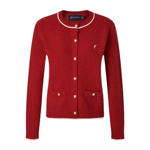 【红色款】POLOWALK女式长袖针织衫2026春季新品圆领红色针织开衫