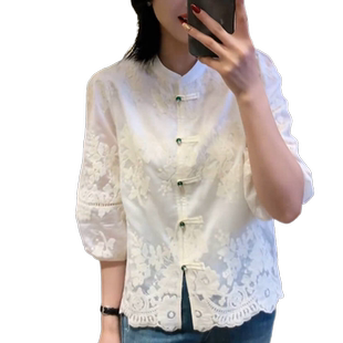 新中式国风七分袖天丝衬衫女装2025夏秋新款刺绣气质显瘦蕾丝小衫