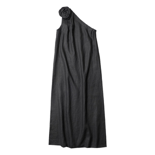 TANG TOWN 自制 气质与实穿兼具 黑色亚麻斜肩玫瑰花连衣裙