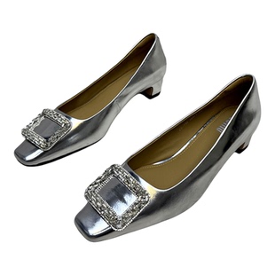 欧洲站欧货女鞋2026春季新款真皮粗跟浅口方钻平头单鞋百搭高跟鞋