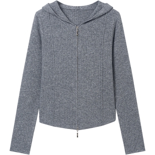 KBNE羊毛灰色针织衫长袖连帽开衫春秋新款气质毛衣慵懒宽松上衣女