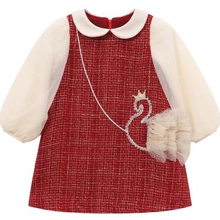 笛莎童装女童裙子2025秋冬季新款新年装加绒宝宝小香风连衣裙套装