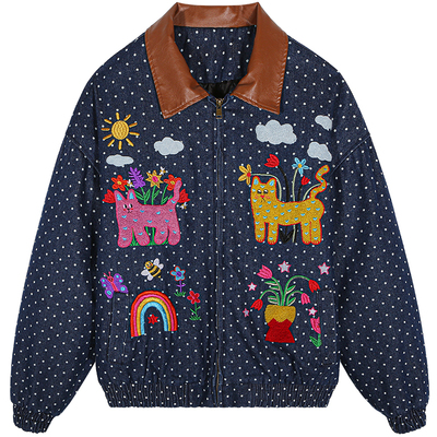 今屿花花刺绣牛仔外套女夹棉