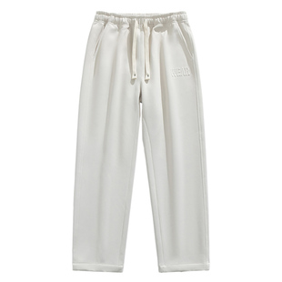 花花公子休闲卫裤男士秋冬季新款宽松直筒运动百搭白色针织裤厚款