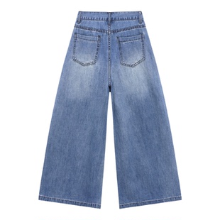 百家好复古水洗刺绣阔腿牛仔裤春季新款女士高腰直筒显瘦九分裤子