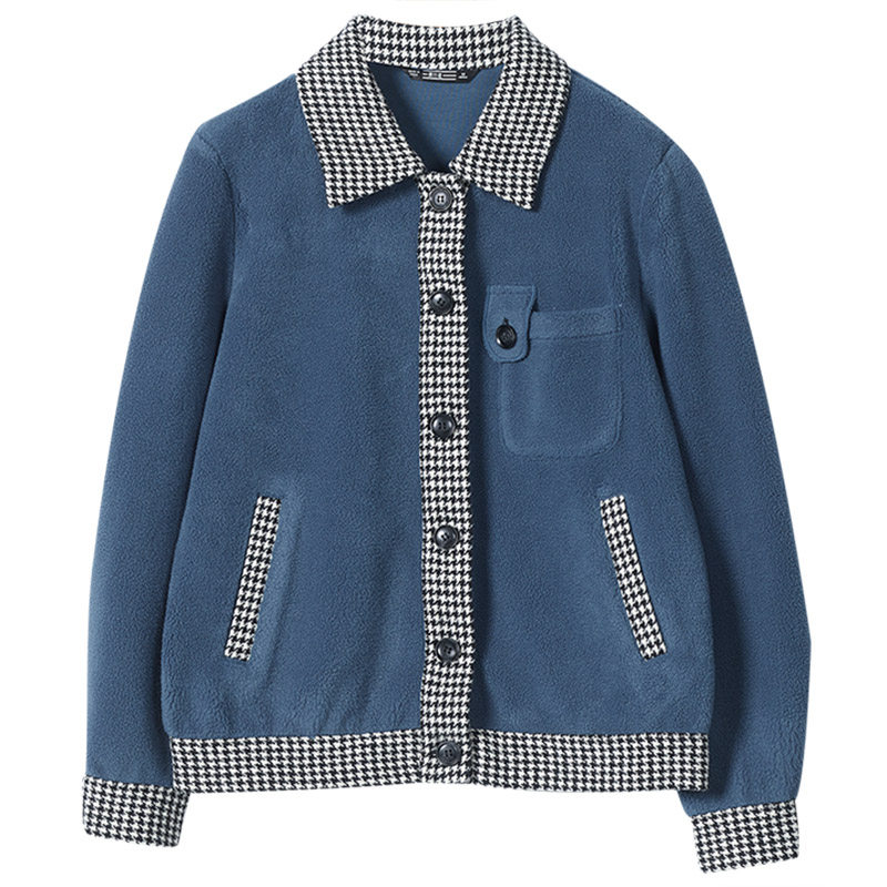 2025新款冬装翻领加绒宽松外套女装千鸟格拼接保暖大码妈妈上衣服