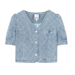 Eland衣恋短外套女泡泡袖短袖V领上衣牛仔外套小香风夏