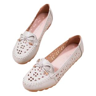 夏季女款皮鞋妈妈鞋女鞋镂空透气软底软皮洞洞单鞋中老年真皮皮鞋