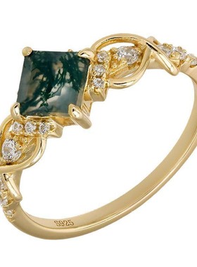 复古方形水草玛瑙925银镀金戒指