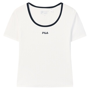 FILA斐乐短袖T恤女2026夏季新款简约运动修身撞色U领短款上衣白色
