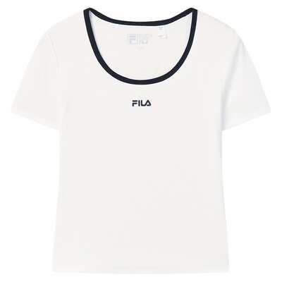 FILA斐乐短袖T恤女2026夏季新款简约运动修身撞色U领短款上衣白色