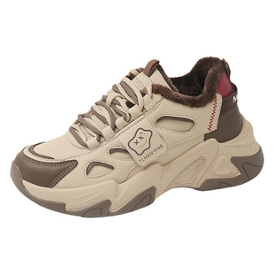 真皮加绒加厚运动鞋女款2025冬季新款厚底保暖棉鞋防寒休闲老爹鞋