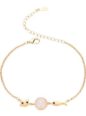 网红复古手链式仿和田玉小猫小鱼宝石小香风趣味少女手链玉石手饰