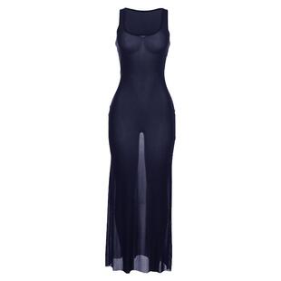 海岛度假风气质辣妹纯欲透视比基尼罩衫裙深蓝修身显瘦背心连衣裙