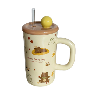 超可爱卡通马克杯送女生带盖陶瓷咖啡杯家用高颜值喝水杯吸管杯子