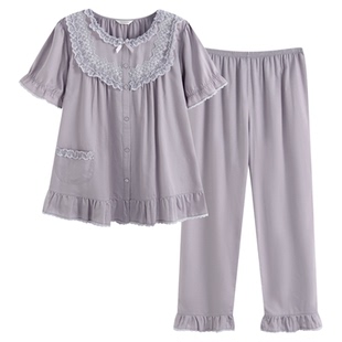 罗丝美2025春夏新款15063纯棉60支贡缎圆领镶蕾丝短袖睡衣套装女