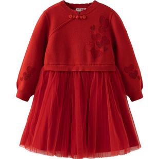 戴维贝拉女童毛衣春季连衣裙2026冬装儿童国风新年红色假两件裙子